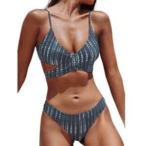 Cupshe NWT Criss Cross Wrap Swimsuit Padding Navy Bubble Print Bikini Set